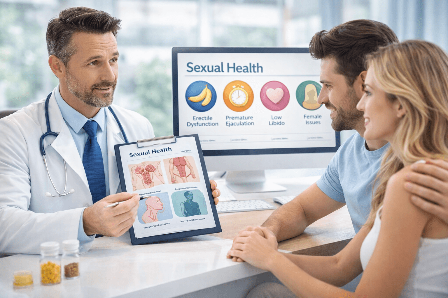 Sexual Health For Men And Women-Symptoms, Solutions And Recovery 1 This image illustrates a professional sexual health consultation where a doctor educates a couple about conditions like erectile dysfunction, premature ejaculation, low libido and female sexual issues. It reflects medical guidance, diagnosis and treatment planning in a clinical environment, helping users understand that sexual health problems are common and treatable under expert care. The visual supports trust, encourages help-seeking behaviour and is ideal for sexual wellness articles, clinic websites and patient education platforms.
