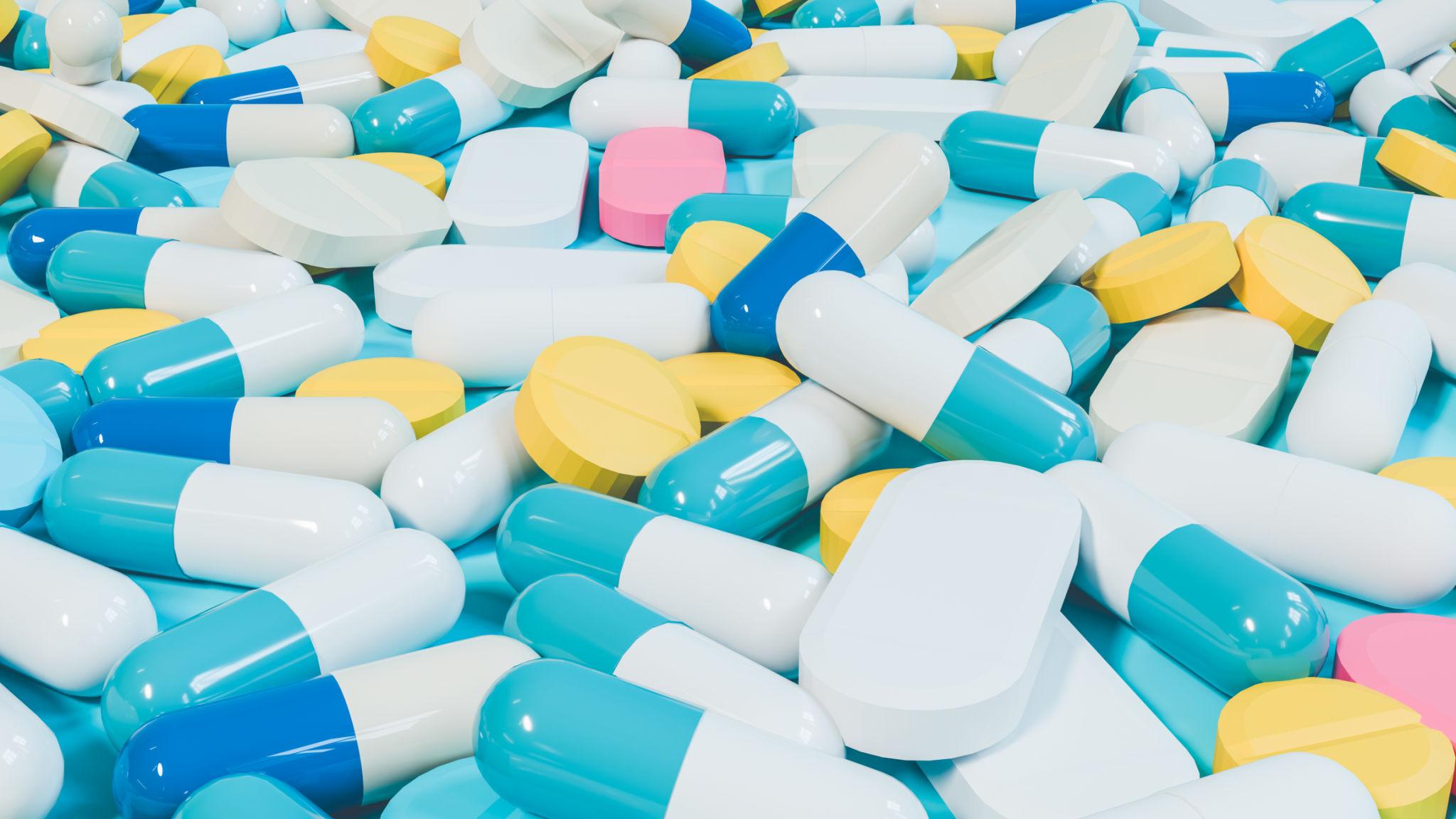 Assorted antibiotic capsules and tablets representing antibiotic resistance and overuse of medicines