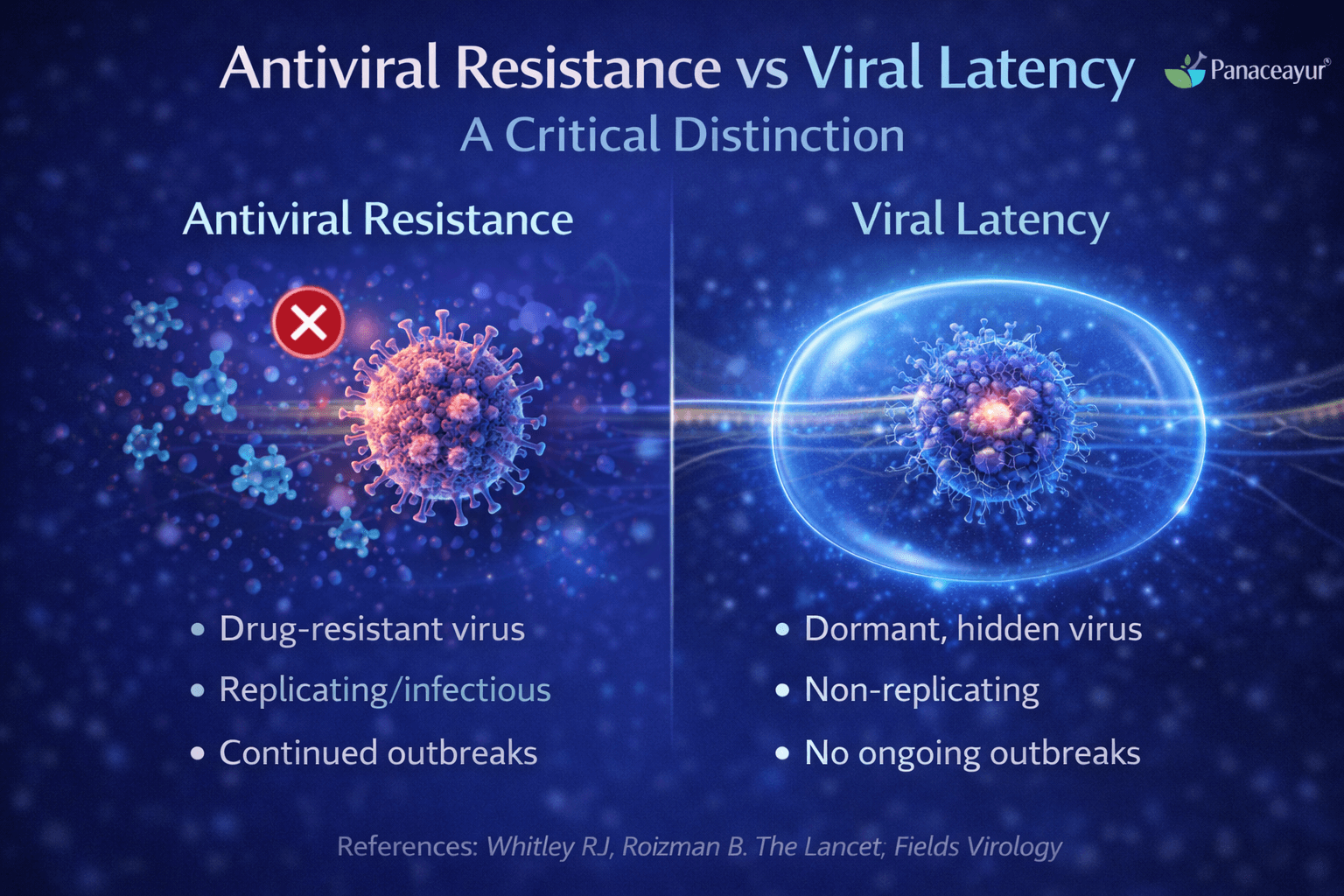 Clinical comparison image illustrating the difference between antiviral resistance and viral latency in herpes infection, showing active drug resistant virus versus dormant virus protected within nerve cells