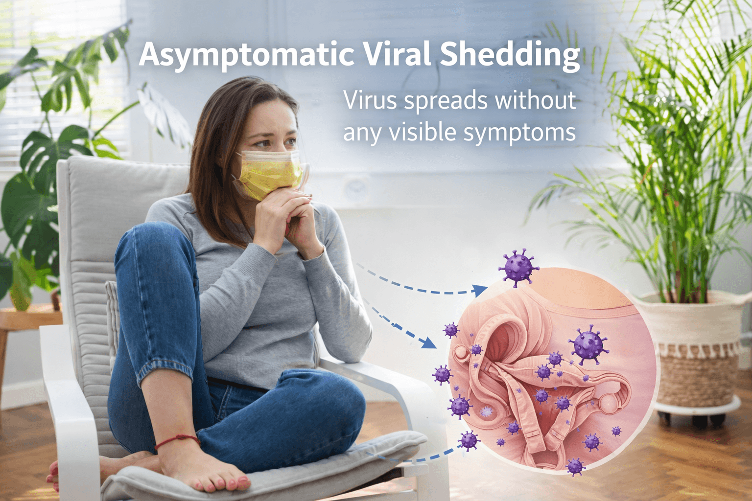 Asymptomatic Viral Shedding In Herpes Infection Woman sitting with a mask in a clinic setting illustrating asymptomatic viral shedding of herpes where the virus spreads without visible symptoms