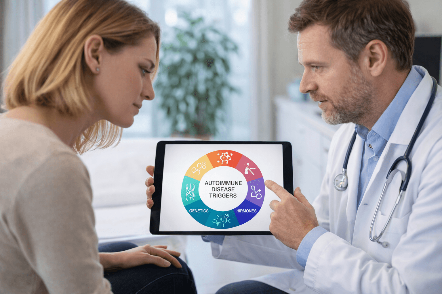 Doctor explaining autoimmune disease causes and risk factors including genetics, infections, hormones, and environmental triggers to a patient during medical consultation
