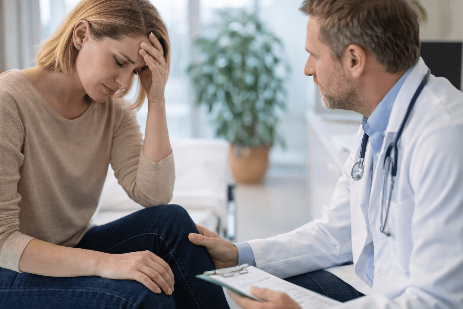 Doctor examining patient with fatigue and joint pain symptoms associated with autoimmune disease during clinical consultation