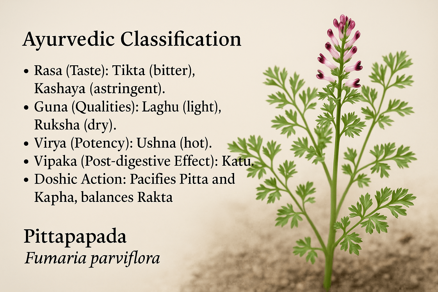 Pittapapada (Fumaria Parviflora): Ayurvedic Benefits, Uses, And Natural Cure 1 Ayurvedic classification