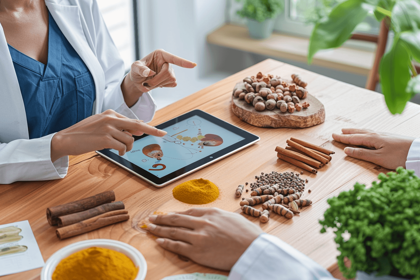 Ayurvedic doctor discussing fertility and hormonal balance treatment plan with a female patient in clinic.
