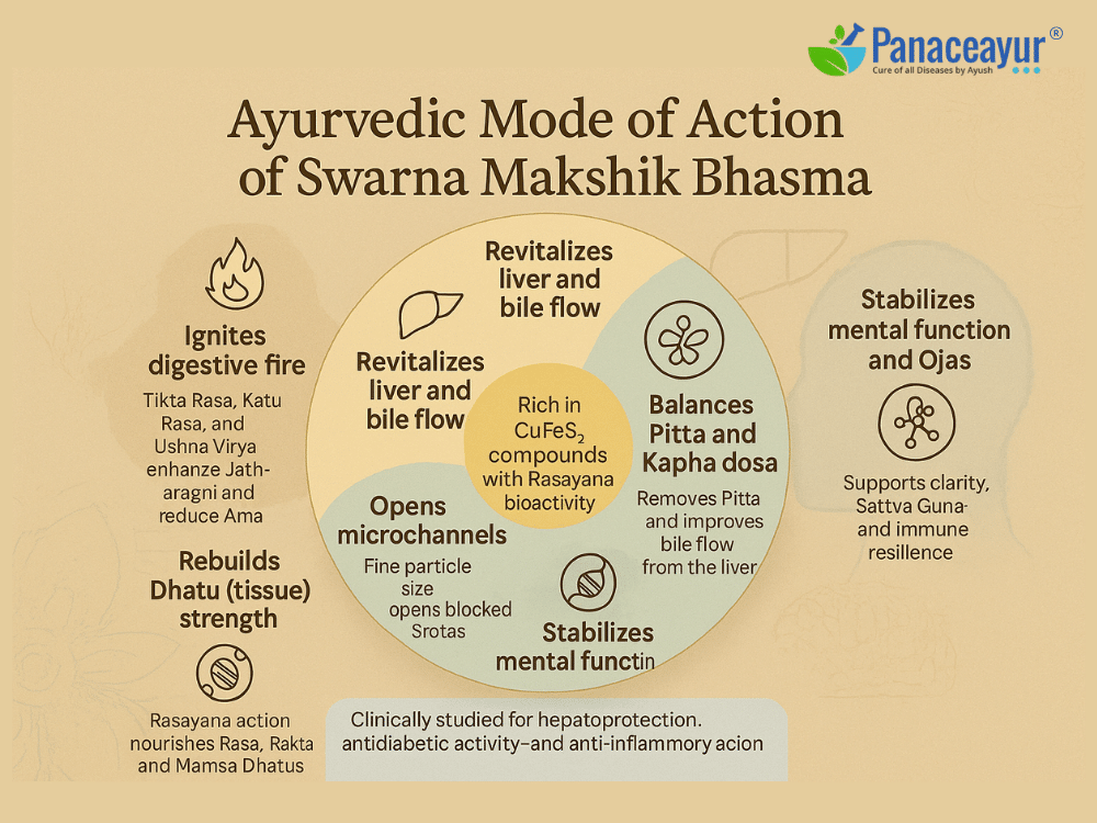 Swarnamakshik ( Swarna Makshik) Bhasma Heals Fatigue, Liver Issues, And Hormonal Imbalance Naturally 5 Ayurvedic mode of action swarna makshik bhasma
