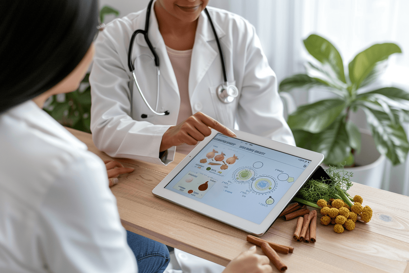 Ayurvedic doctor explaining pcos and ovulation health to a female patient during consultation with herbs on the table.