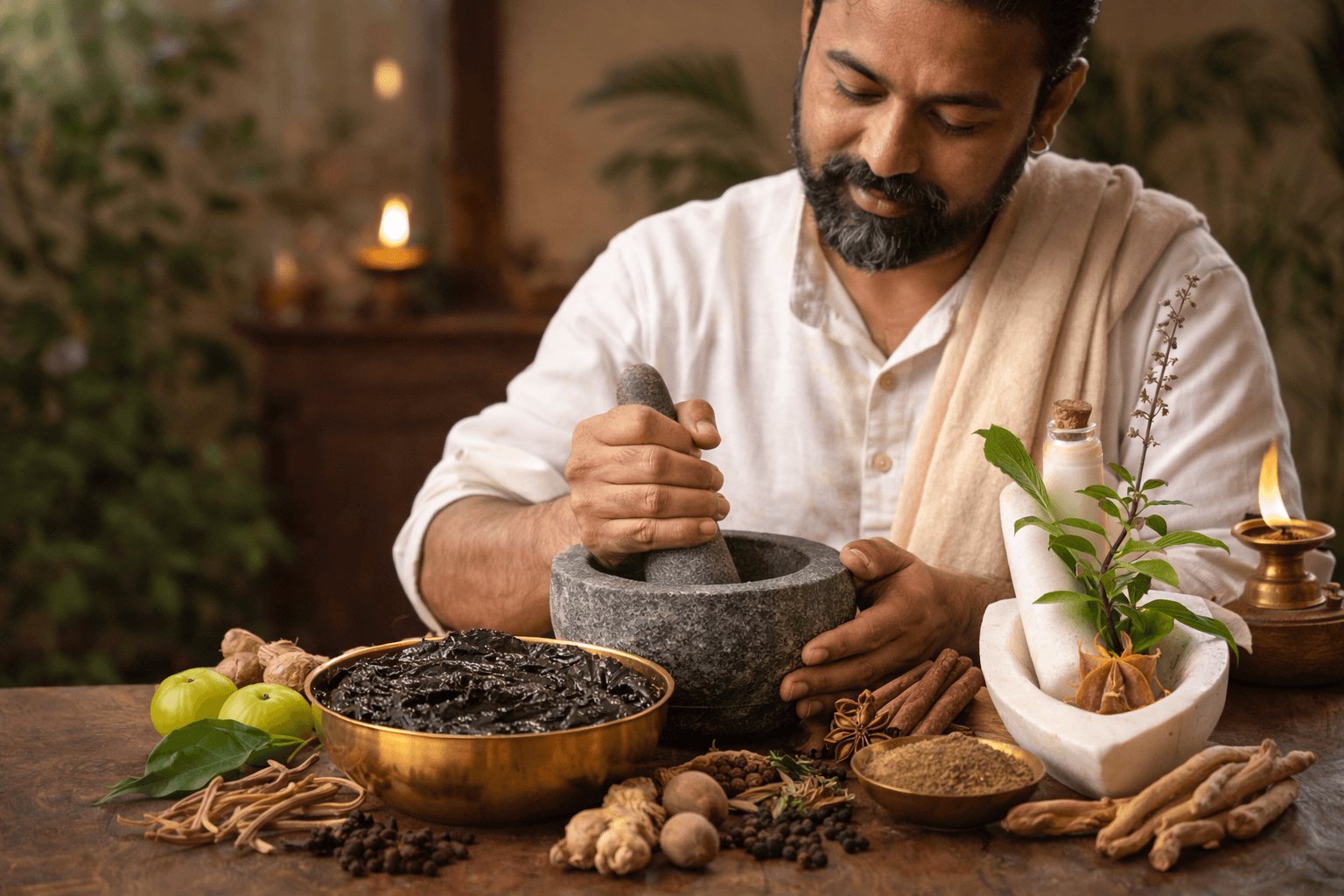 Ayurvedic Rasayana Preparation For Viral Elimination And Immune Restoration Ayurvedic practitioner preparing herbal rasayana medicine with medicinal herbs and natural ingredients used in traditional viral infection treatment