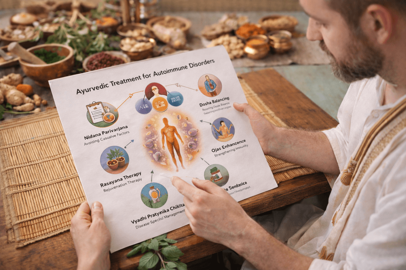 Ayurvedic treatment diagram explaining nidana parivarjana, dosha balancing, rasayana therapy, ojas enhancement, and vyadhi pratyanika chikitsa for autoimmune disease management