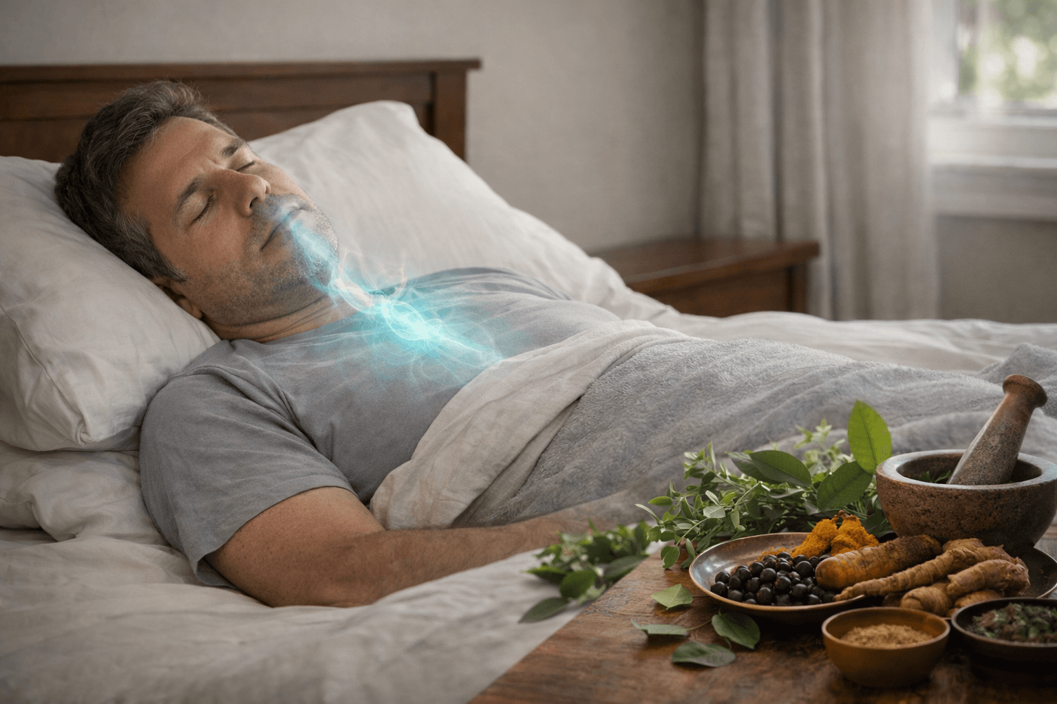 Ayurvedic Understanding Of Sleep Apnea And Pranavaha Srotas Imbalance Man sleeping peacefully with ayurvedic herbs beside the bed representing pranavaha srotas balance and natural breathing during sleep apnea recovery