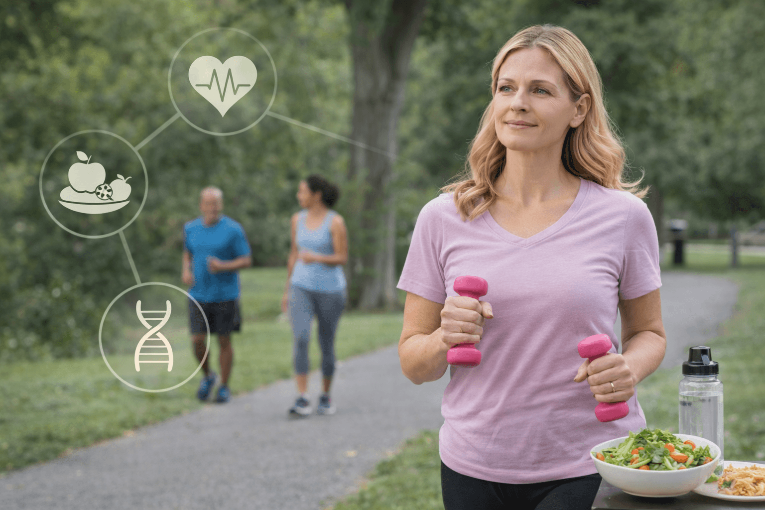 Breast Cancer Survivorship And Recurrence Prevention Lifestyle Middle aged fair skinned woman exercising outdoors with weights and healthy meal representing breast cancer recurrence prevention