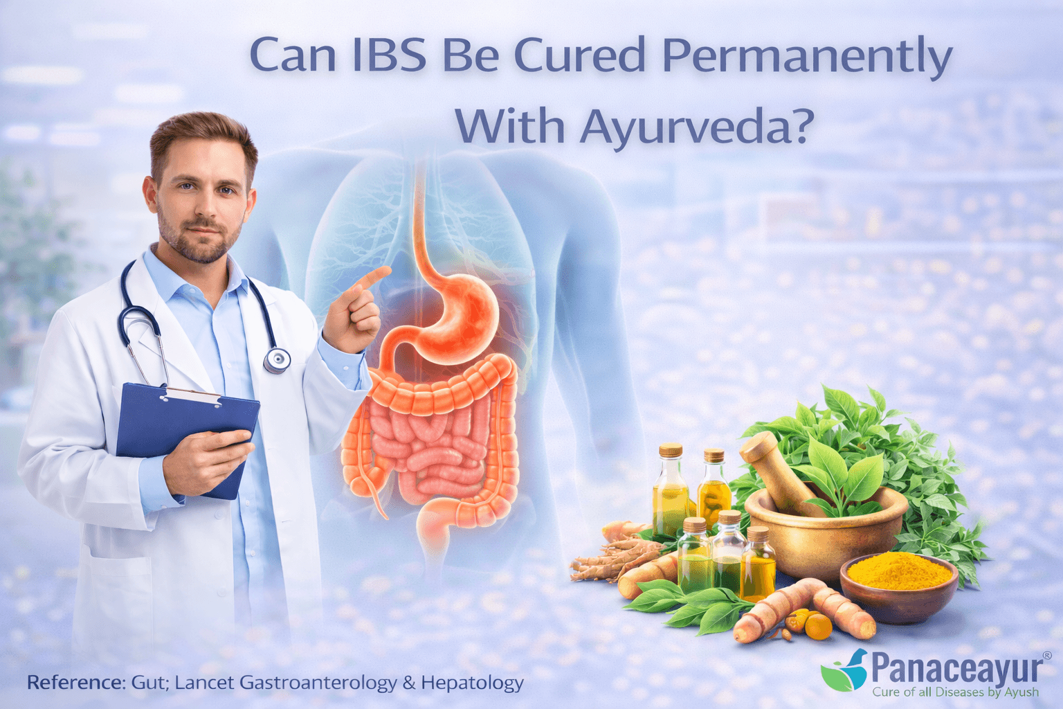 Can ibs be cured permanently with ayurveda showing a clinical gut focused illustration explaining long term digestive restoration