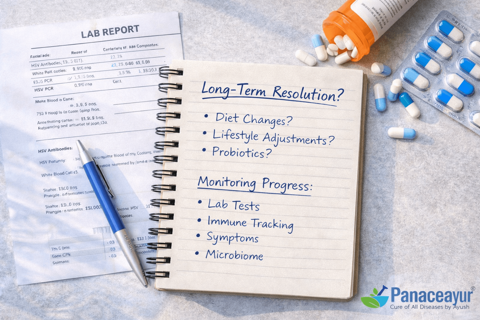 Editorial flat-lay photograph of a real clinical desk showing handwritten notes, a partially visible lab report, and prescription medication, illustrating long-term herpes management and the concept of sustained internal correction over time