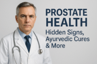 Middle-aged male doctor in a white coat with a stethoscope, standing confidently next to clinical text reading “Prostate Health: Hidden Signs, Ayurvedic Cures & More” on a light background.