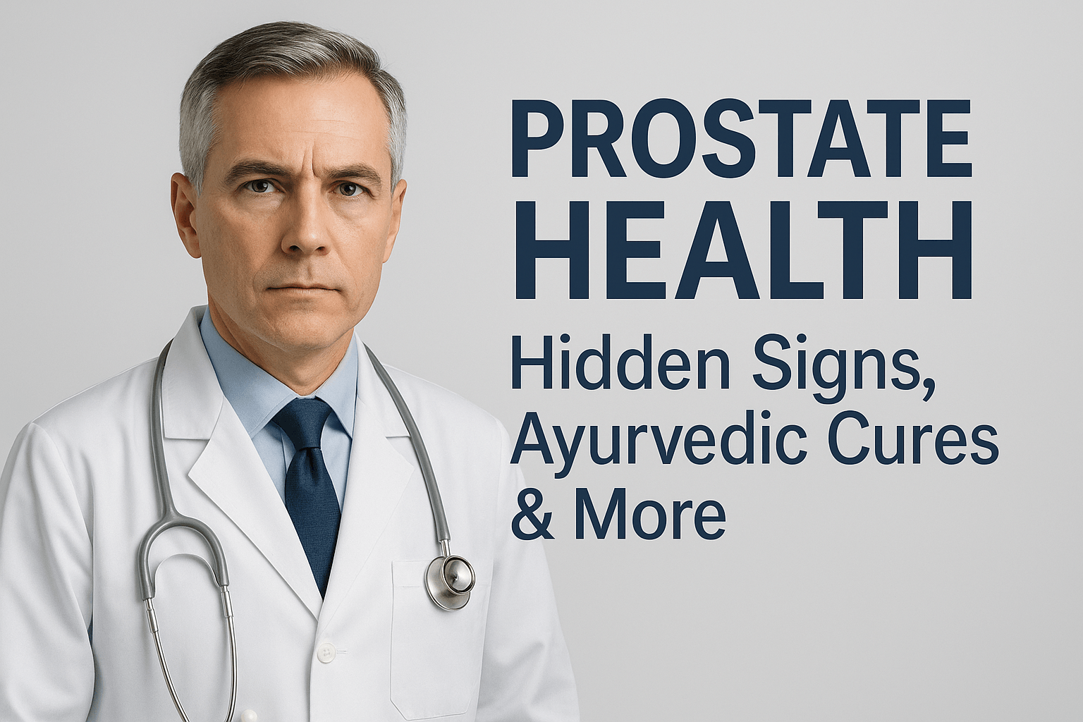 Middle-aged male doctor in a white coat with a stethoscope, standing confidently next to clinical text reading “Prostate Health: Hidden Signs, Ayurvedic Cures & More” on a light background.