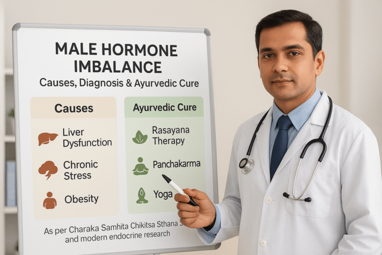 A South Asian male doctor in a white coat stands beside a whiteboard presenting causes of male hormone imbalance and Ayurvedic cures such as Rasayana, Panchakarma, and Yoga, with icons and a reference to Charaka Samhita