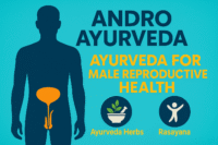 Infographic showing a male body silhouette with reproductive organs highlighted, accompanied by icons representing Ayurvedic herbs and Rasayana therapy, titled “Andro Ayurveda” on a turquoise background.