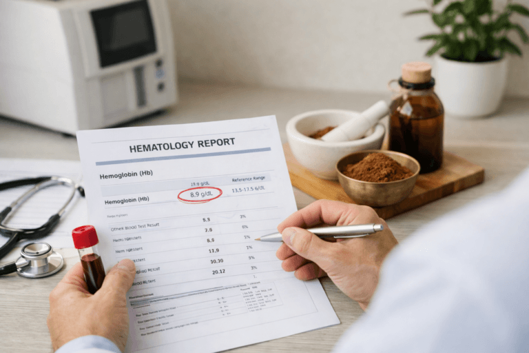 Iron Bhasma for anemia with low hemoglobin blood test report in clinical consultation setting