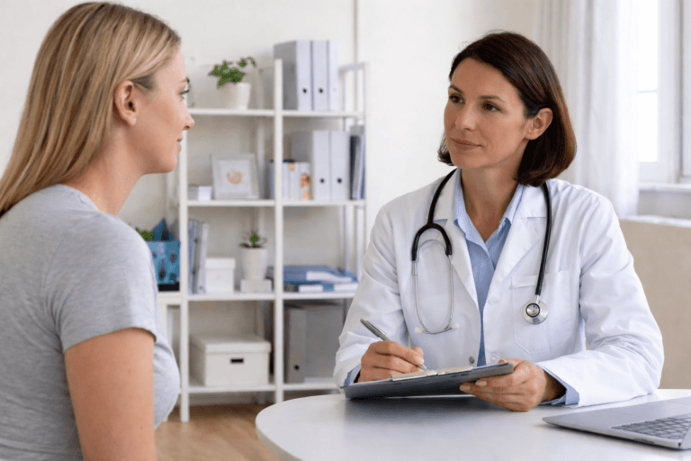 Female doctor consulting a patient in a clinic for IBS symptoms and diagnosis