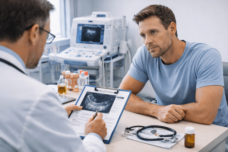 Urologist explaining diagnostic report to male patient during penile disorder consultation in a clinical setting