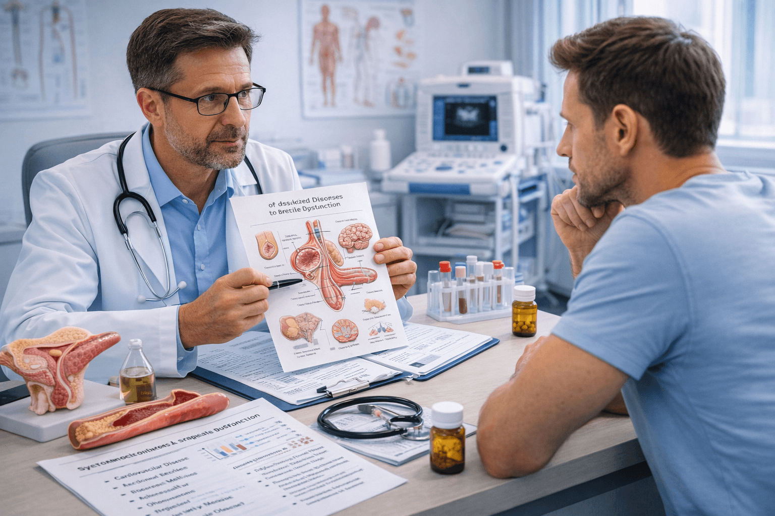 Common And Rare Disorders Associated With Penile Disorders Doctor explaining systemic causes linked to penile disorders to a male patient during a urology consultation in a clinical setting