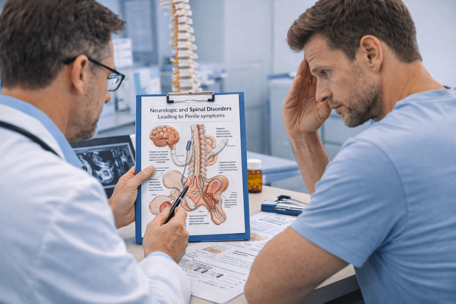Neurologic And Spinal Causes Of Penile Symptoms Urology Consultation Doctor explaining brain, spinal cord, and pelvic nerve pathways related to penile symptoms to a male patient during a neurologic urology consultation