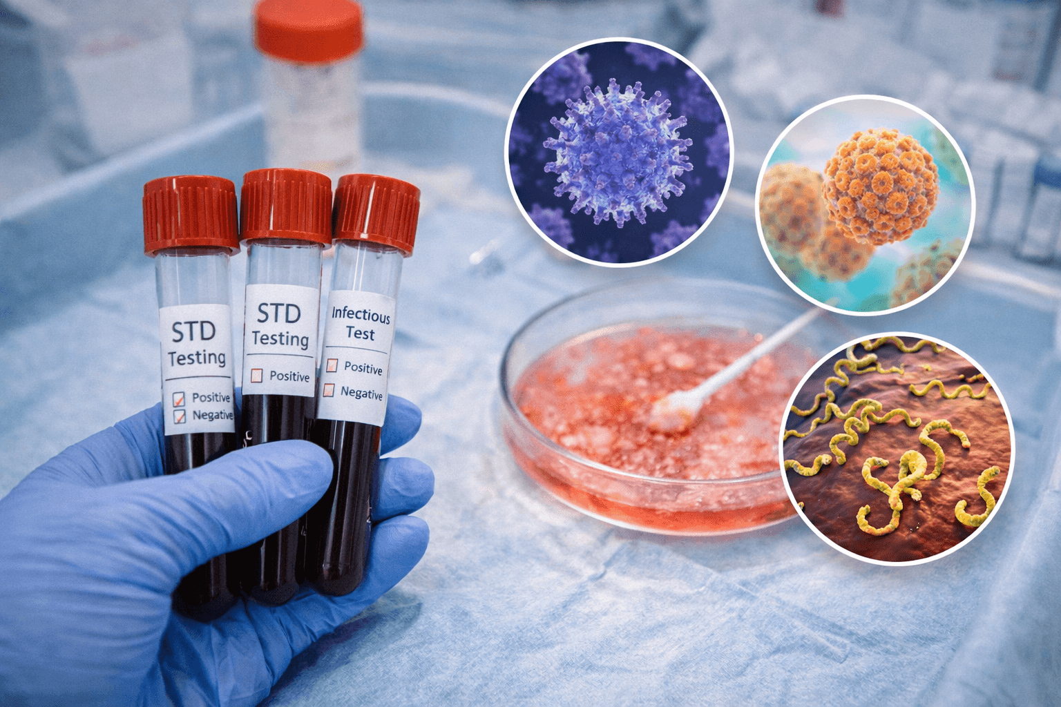 Laboratory testing for infectious diseases associated with penile symptoms showing blood samples, culture plate, and microscopic pathogens in a clinical setting