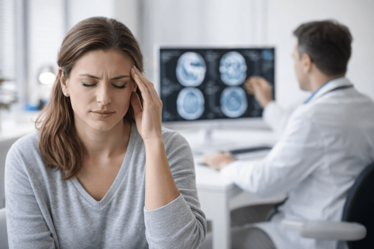 Neurologist consulting a female migraine patient while reviewing brain scan in a modern clinical setting