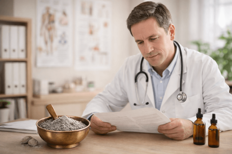 Integrative doctor reviewing Nag Bhasma mineral therapy during clinical consultation for PCOS, infertility, IBS and arthritis