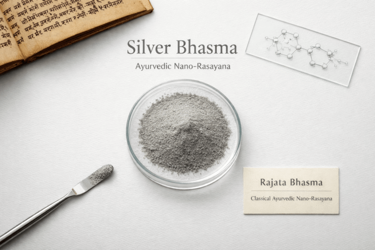 Silver Bhasma Ayurvedic nano Rasayana in classical journal style flat lay