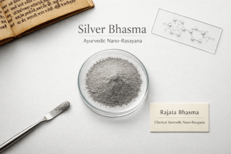 Silver Bhasma Ayurvedic nano Rasayana in classical journal style flat lay