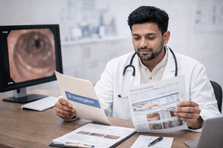 Doctor reviewing gastrointestinal investigation reports for IBS diagnosis in clinical consultation room