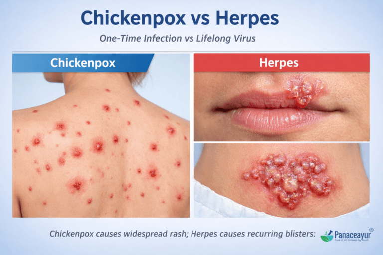 Chickenpox versus herpes skin comparison showing widespread chickenpox rash and localized recurrent herpes blisters