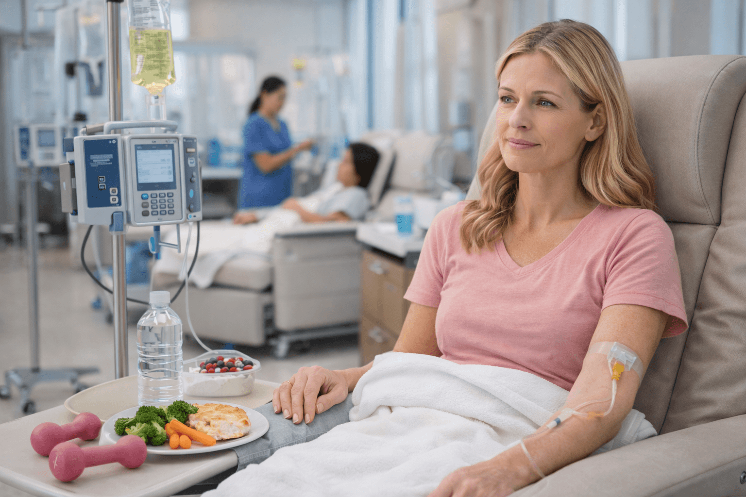 Chemotherapy Phase Support In Breast Cancer Treatment Middle aged fair skinned woman receiving chemotherapy infusion in modern oncology unit while maintaining nutritional support