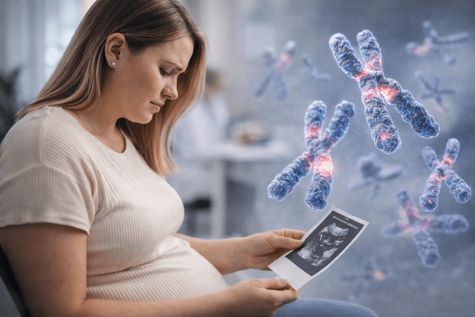 Chromosomal Abnormalities And Miscarriage Pregnant woman reviewing ultrasound image with visual representation of chromosomes illustrating chromosomal abnormalities as a cause of miscarriage and pregnancy loss