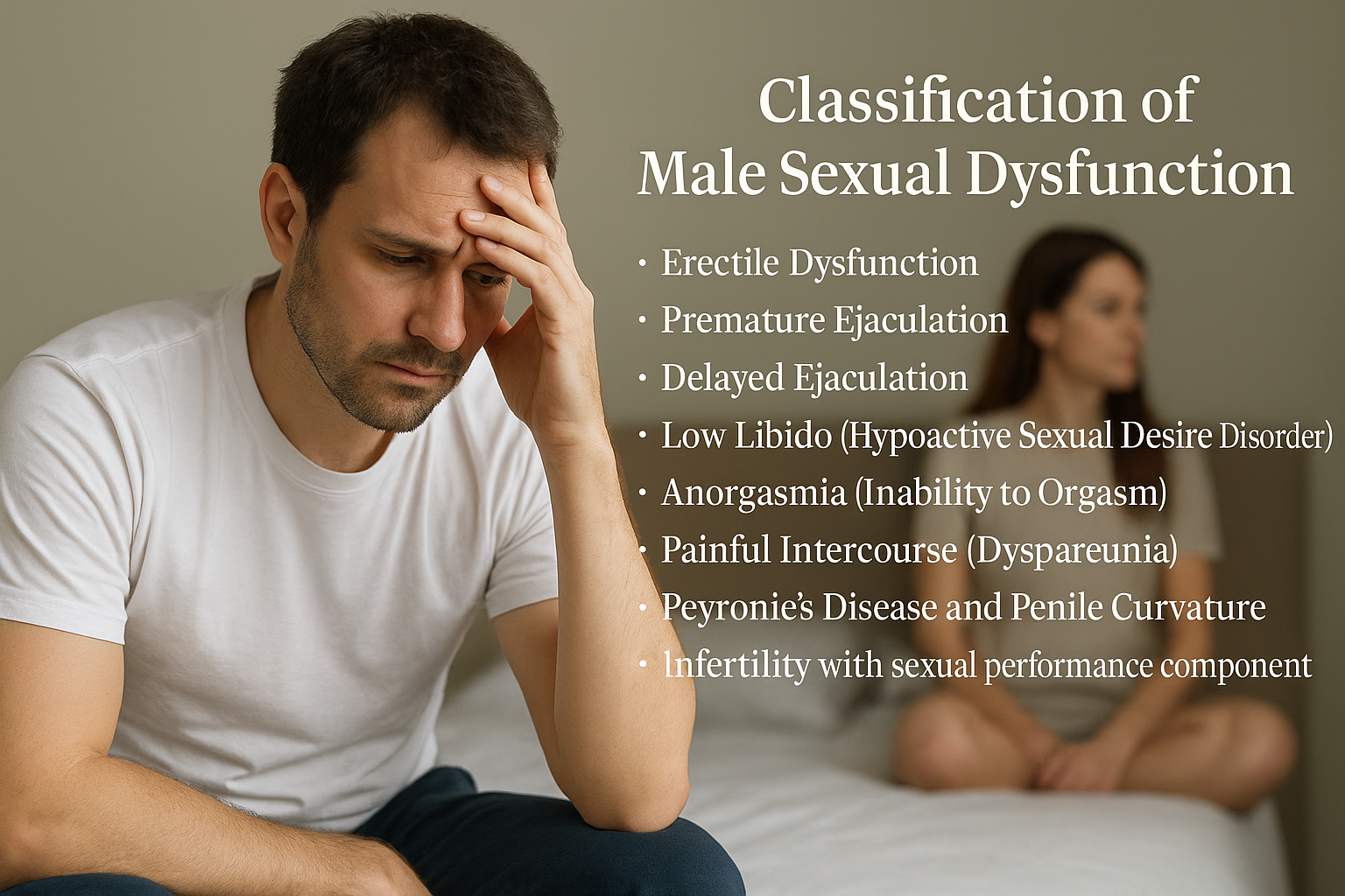 A concerned man sits on the edge of a bed holding his head in distress, while a woman sits in the background. The image visually represents the emotional and relational impact of male sexual dysfunction, with overlaid text listing conditions like erectile dysfunction, premature ejaculation, low libido, and peyronie’s disease. ”