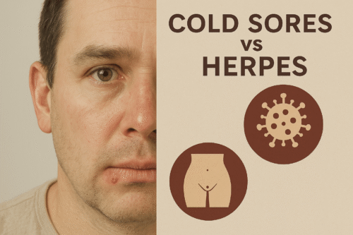 Split image showing a man with a cold sore on his lip alongside icons representing genital herpes and HSV virus, illustrating the difference between cold sores and herpes.