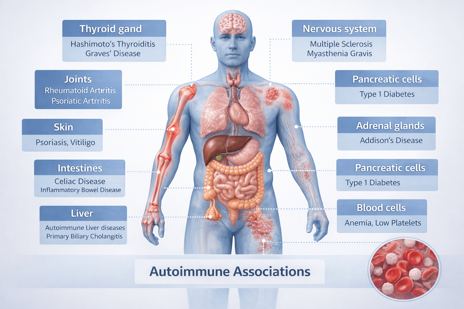 Common And Less Common Diseases Associated With Autoimmune Disorders Clinical medical diagram showing organs commonly affected by autoimmune diseases including thyroid, joints, skin, intestines, nervous system, pancreas, liver, adrenal glands, and blood cells with associated conditions