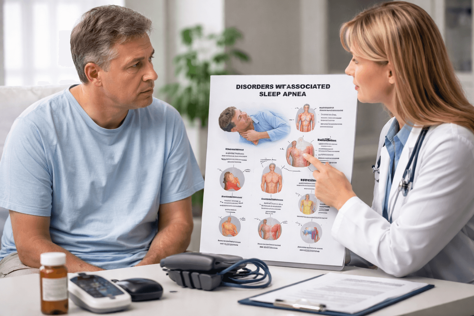 Common And Rare Disorders Associated With Sleep Apnea Doctor explaining associated medical conditions of sleep apnea including cardiovascular, metabolic, and endocrine disorders to a patient during clinical consultation
