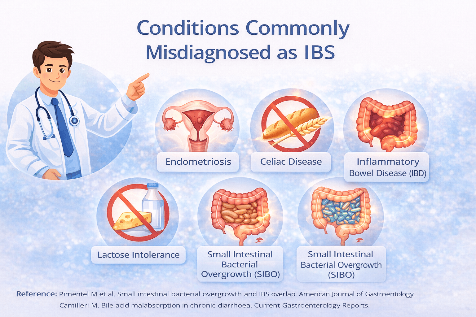 Conditions commonly misdiagnosed as ibs showing overlapping disorders such as sibo bile acid malabsorption and food intolerances with clinical digestive visuals