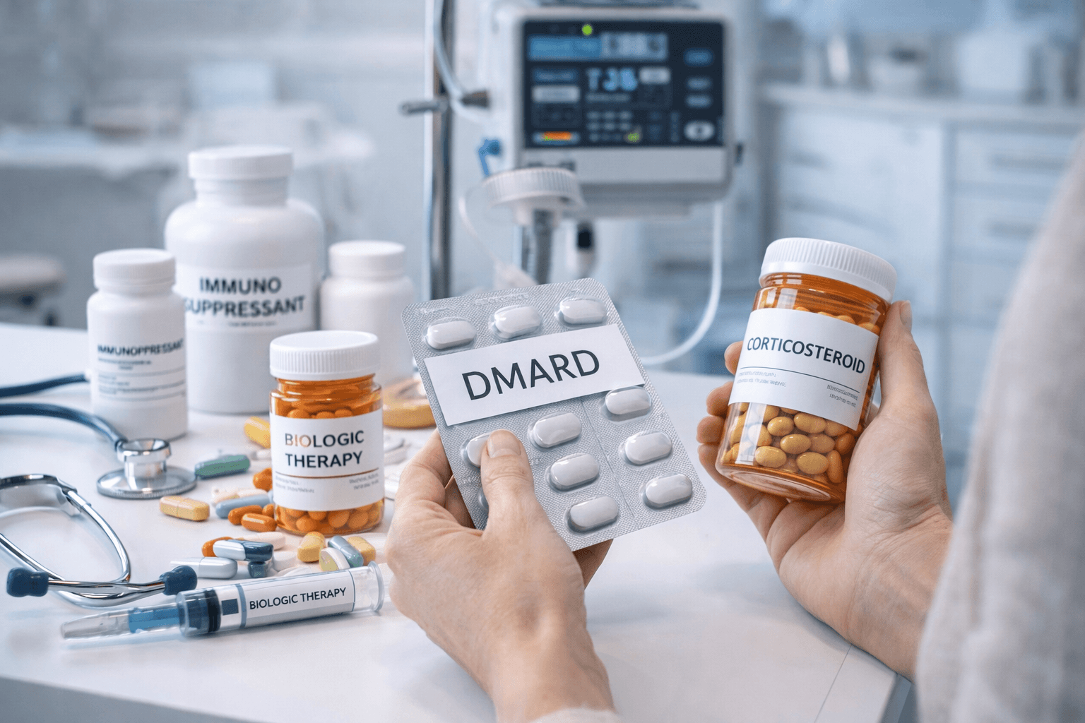 Close-up of medications used in conventional autoimmune disease treatment including dmard tablets, corticosteroid pills, and biologic therapy in a clinical setting
