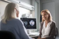 Home 7 Oncologist reviewing pancreatic ct scan while discussing daraxonrasib treatment for metastatic pancreatic cancer in 2026.
