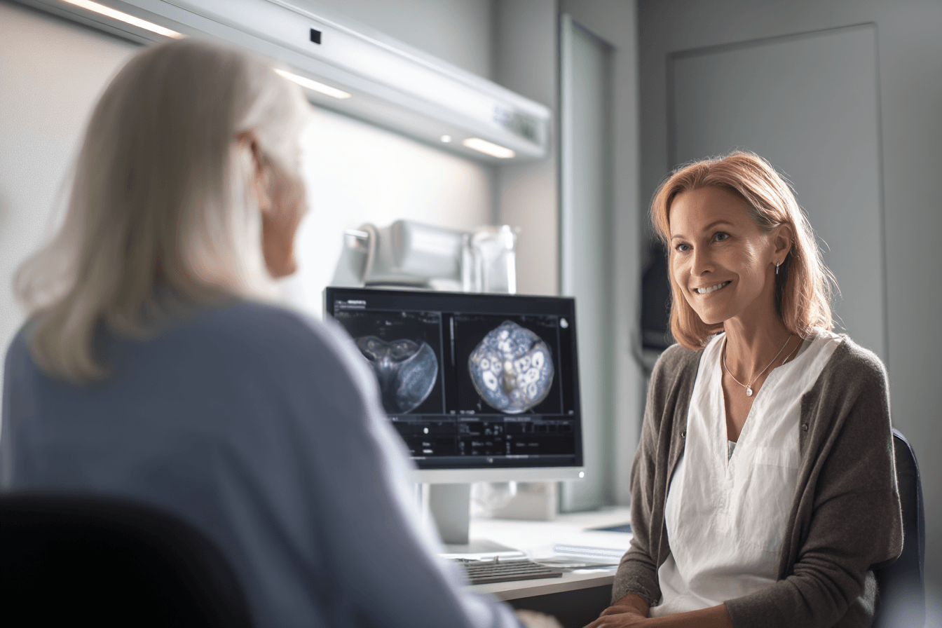 Home 5 Oncologist reviewing pancreatic ct scan while discussing daraxonrasib treatment for metastatic pancreatic cancer in 2026.