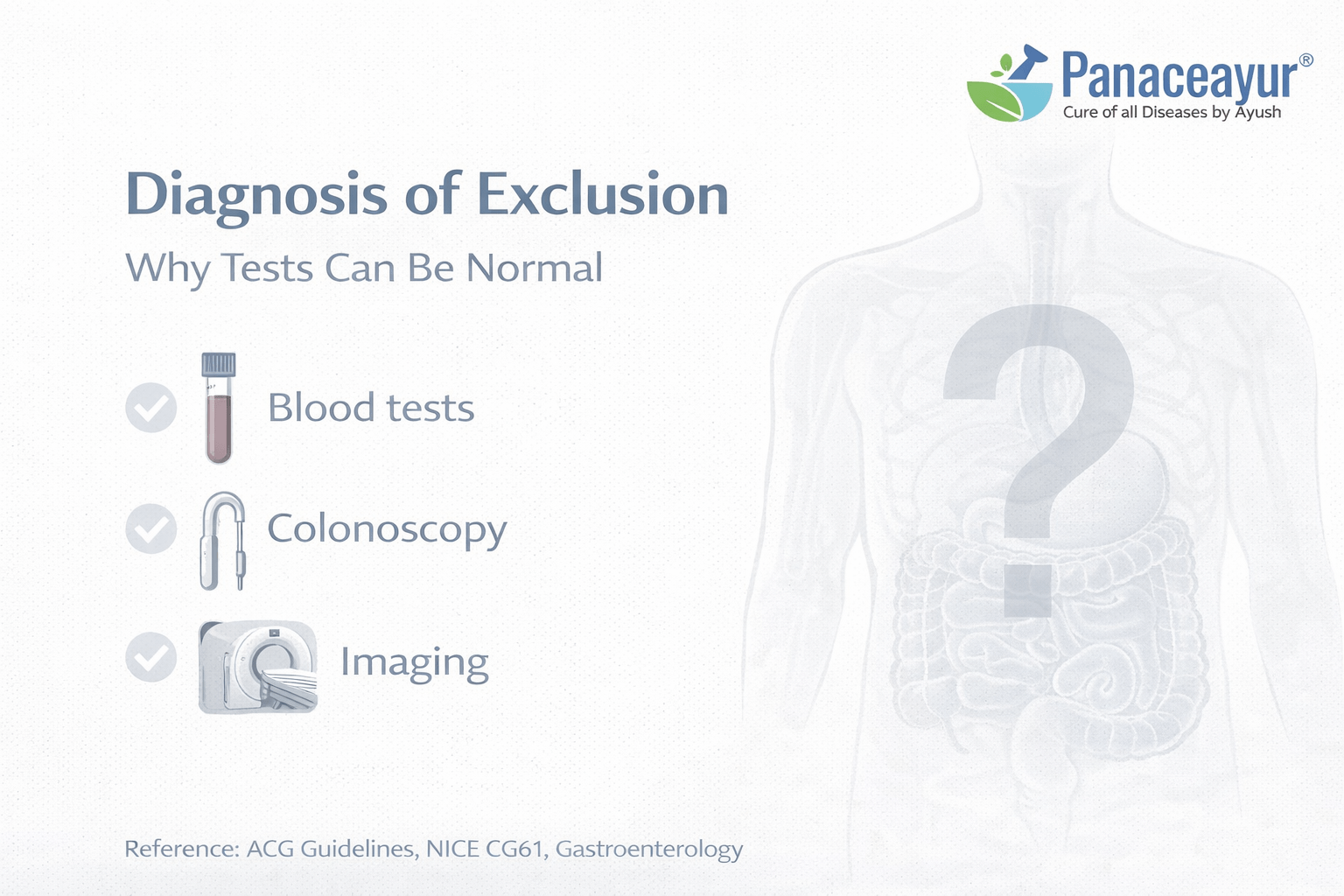 Diagnosis of exclusion in ibs showing normal blood tests and colonoscopy within a clinical medical evaluation framework