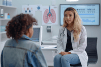 Gynecologist explaining PCOS, insulin resistance and ovulation problems to a female patient using an ovary and ovulation cycle chart in a modern fertility clinic consultation.