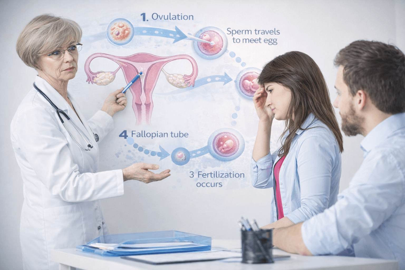Doctor explaining how pregnancy occurs to a couple during female infertility consultation