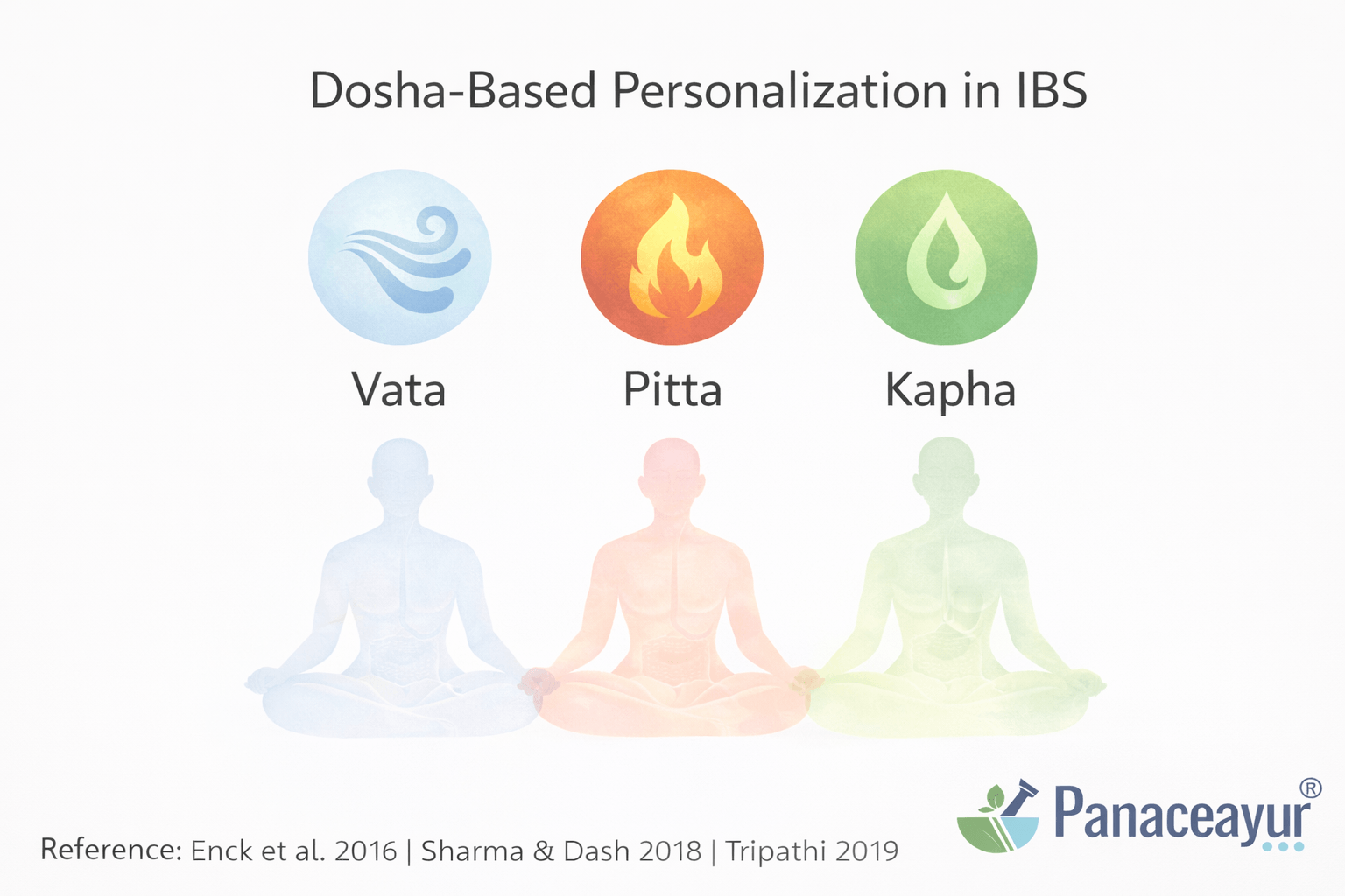 Dosha-Based Personalization In Ibs Clinical illustration showing dosha-based personalization in irritable bowel syndrome (ibs), representing vata, pitta, and kapha patterns used to individualize ayurvedic treatment