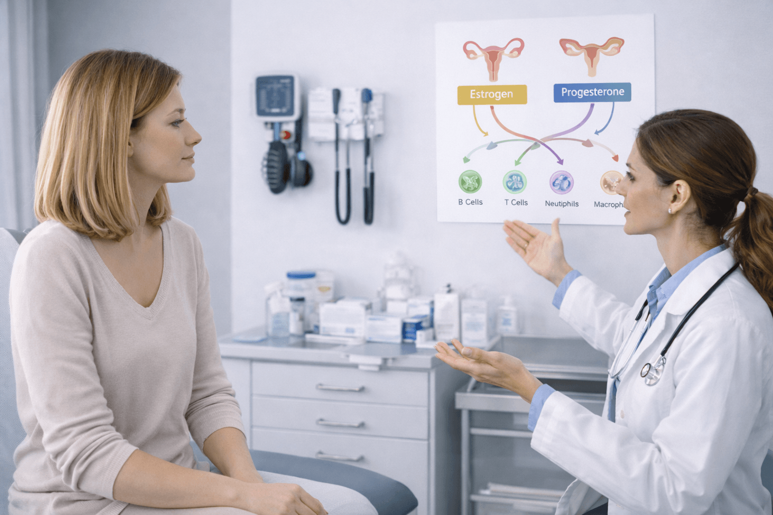 Estrogen And The Female Immune System Doctor explaining estrogen and immune response in the female reproductive system to a patient during medical consultation