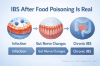 Ibs Causes Most Doctors Miss-Hidden Triggers Behind Irritable Bowel Syndrome 3 Medical timeline illustration showing how a stomach infection can lead to long-term gut nerve and immune changes resulting in post-infectious irritable bowel syndrome.