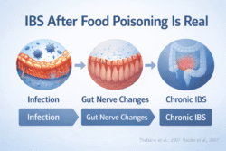 Medical timeline illustration showing how a stomach infection can lead to long-term gut nerve and immune changes resulting in post-infectious irritable bowel syndrome.