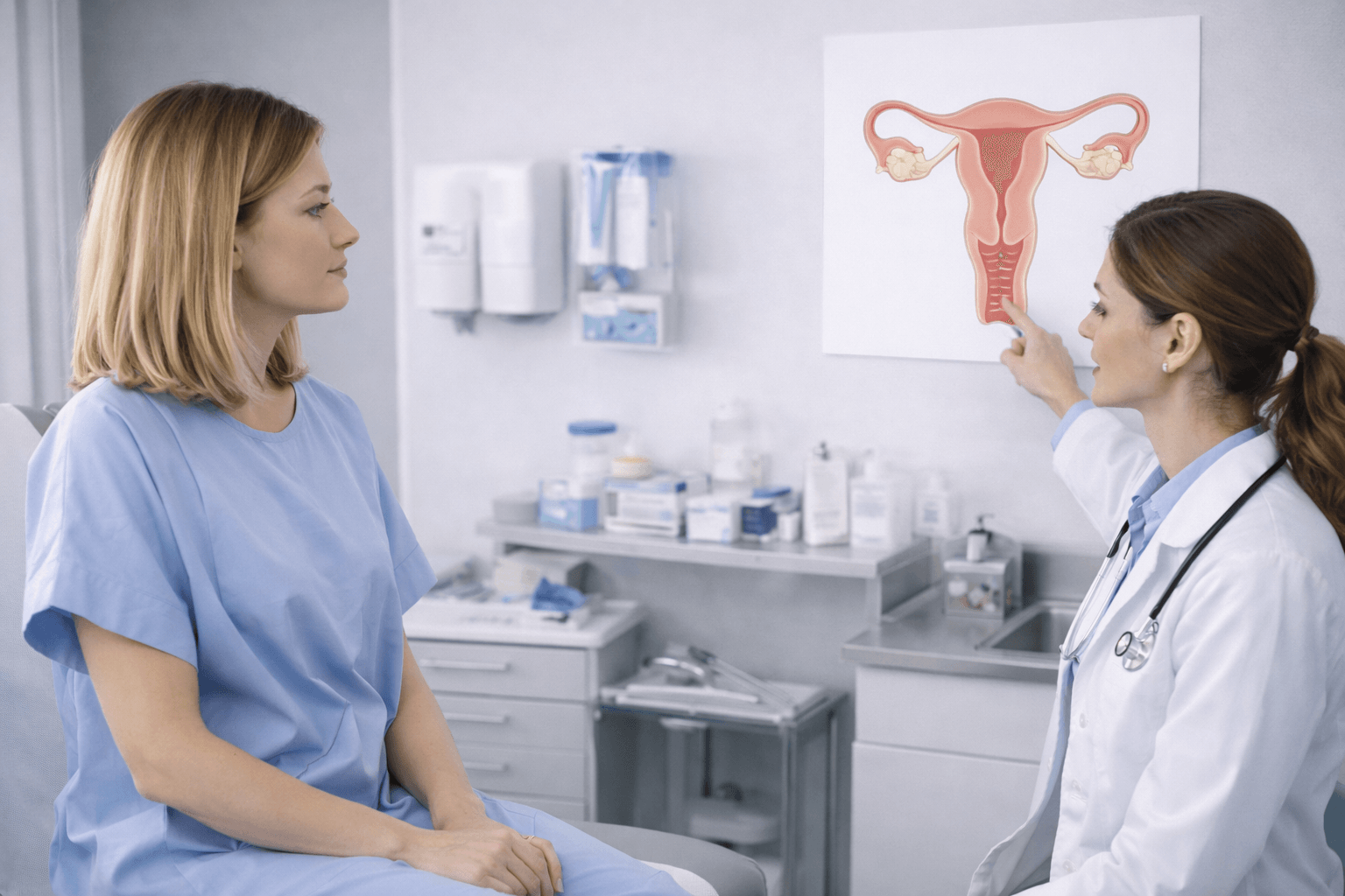 Female Anatomy Differences And Unnoticed Herpes Symptoms Gynecology consultation where doctor explains female reproductive anatomy and why herpes symptoms may go unnoticed in women